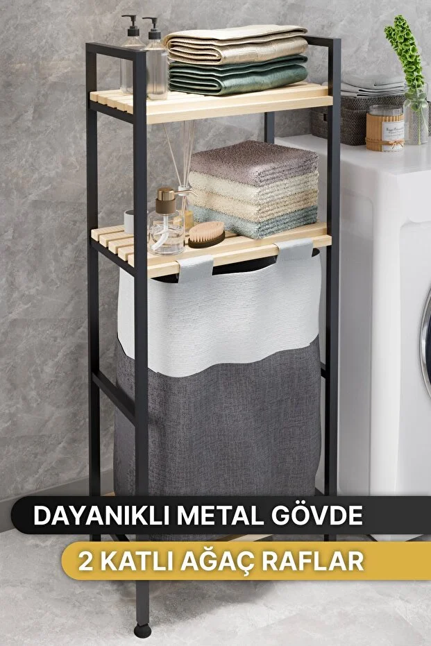 Çamaşır Sepeti Ahşap Raflı Kirli Sepeti 2 Katlı Büyük Boy Kapaklı Çok Amaçlı Banyo Düzenleyici